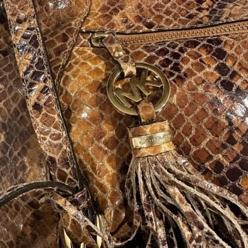 Michael Kors Hobo Purse Handbag Leather Snake Print Brown Y2K Tassle Crossbody